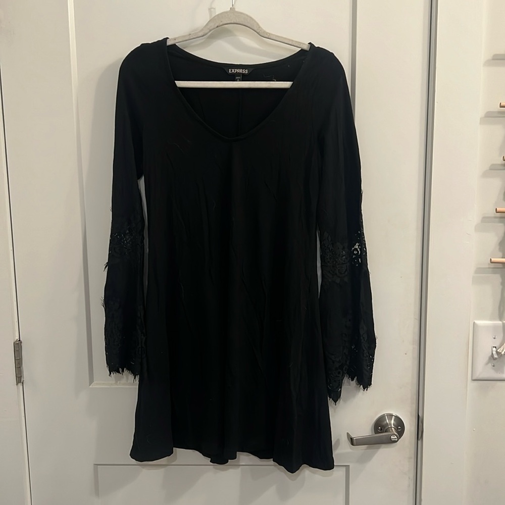 Express black lace bell sleeve mini dress